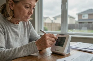 Femme réinitialisant une station météo La Crosse Technology avec un stylo sur un bureau en bois