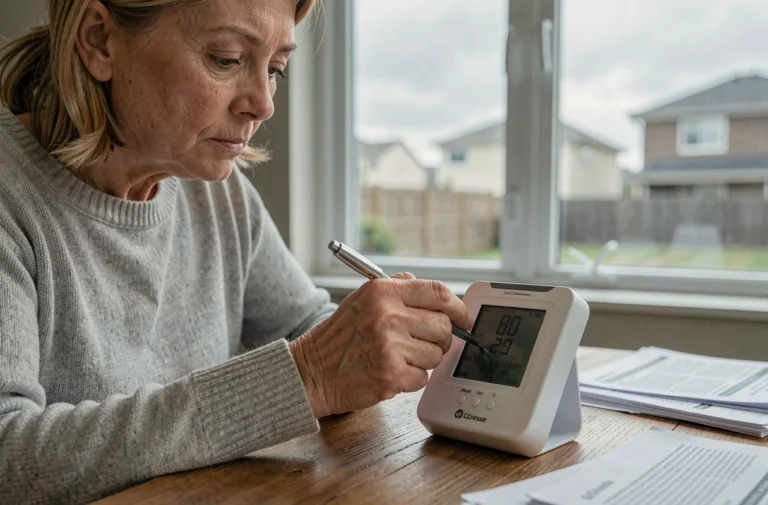 Femme réinitialisant une station météo La Crosse Technology avec un stylo sur un bureau en bois