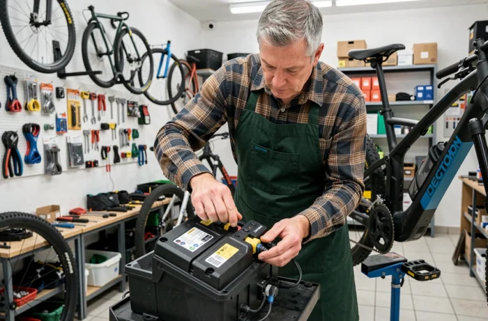 Mécanicien professionnel remplaçant la batterie d'un vélo électrique Decathlon dans un atelier de réparation vélo