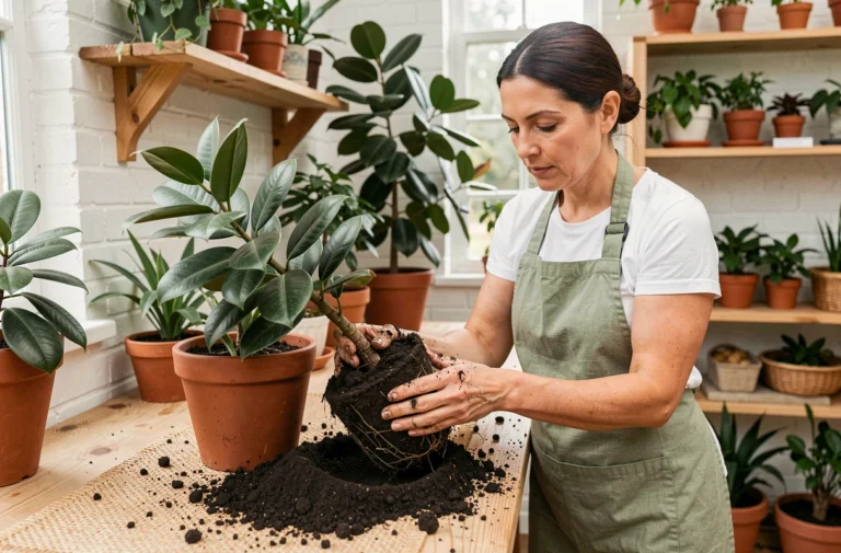 Femme en tablier vert rempotant un ficus benjamina sur une table de jardinage en bois avec de la terre fraîche