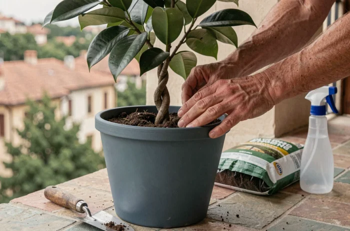 Mains masculines plantant un ficus benjamina dans un nouveau pot en céramique bleue sur un balcon avec des outils de jardinage