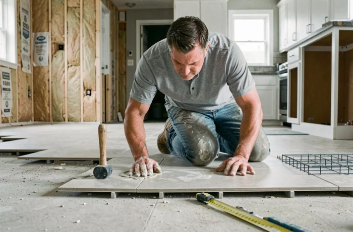 Homme posant du carrelage dans une cuisine en cours de rénovation