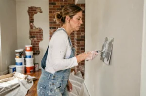 Femme rénovant un mur intérieur avec une spatule lors de travaux de rénovation maison