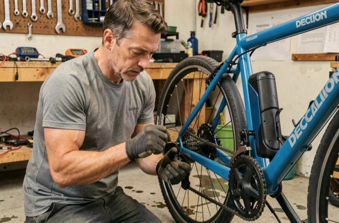 Homme réparant le moteur d'un vélo électrique Decathlon dans un garage atelier avec des outils de diagnostic