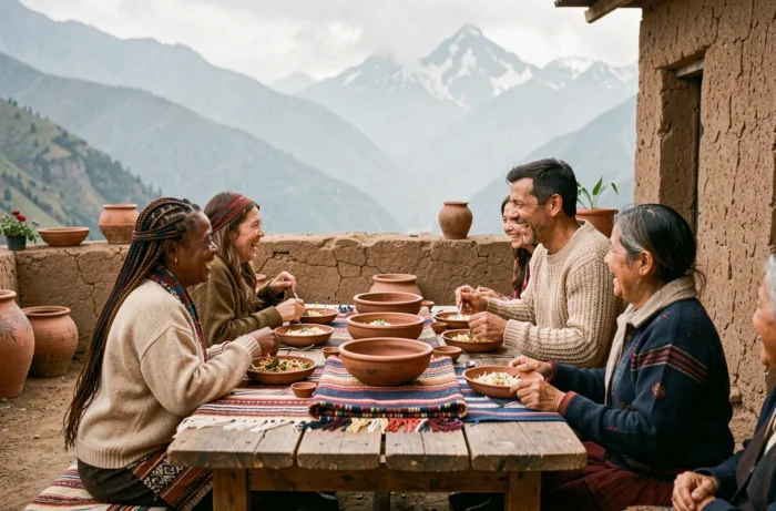 Deux voyageurs partageant un repas communautaire avec des locaux autour d'une table rustique dans un village andin en Amérique du Sud