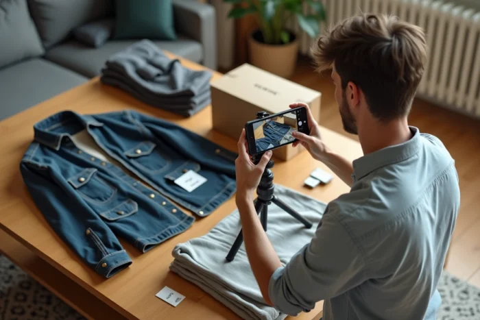 Un homme photographiant des vêtements et objets à revendre posés sur une table dans un salon, avec des boîtes et un ordinateur ouvert sur une plateforme de revente comme Vinted ou Leboncoin