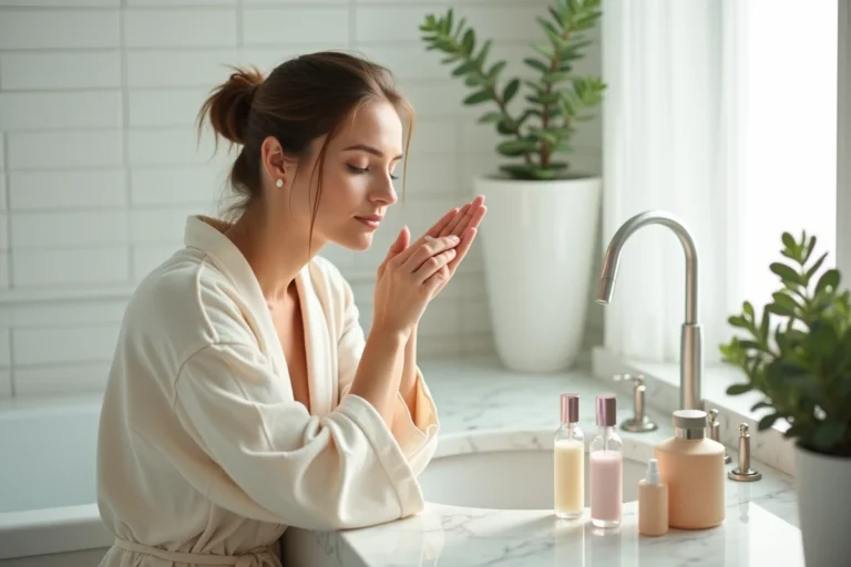 Femme appliquant une crème hydratante devant un miroir de salle de bain en marbre, routine beauté naturelle du matin
