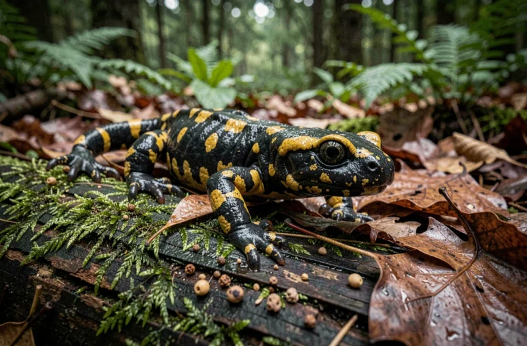 Salamandre tachetée sur un tronc moussu en forêt avec des déjections visibles, illustration scientifique de la faune des sous-bois