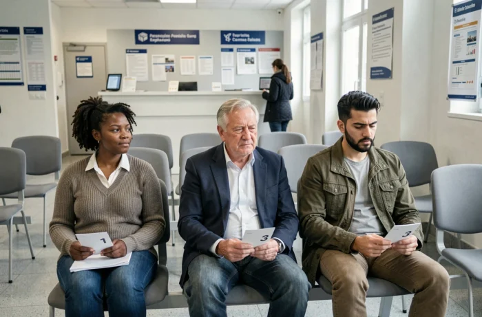 Demandeurs d'emploi dans la salle d'attente d'une agence Pôle emploi en France