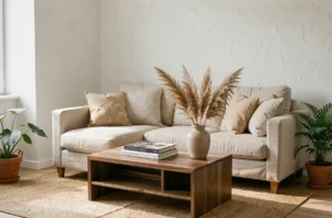 Salon moderne bien équipé avec canapé en lin naturel, table basse en noyer et décoration intérieure scandinave élégante
