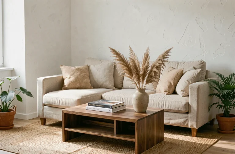 Salon moderne bien équipé avec canapé en lin naturel, table basse en noyer et décoration intérieure scandinave élégante