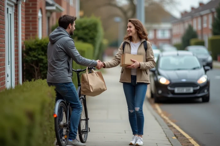 Une femme souriante remettant un colis à un voisin devant sa porte dans une rue résidentielle, avec un vélo chargé d'un sac réutilisable en arrière-plan, illustrant les services de proximité entre particuliers