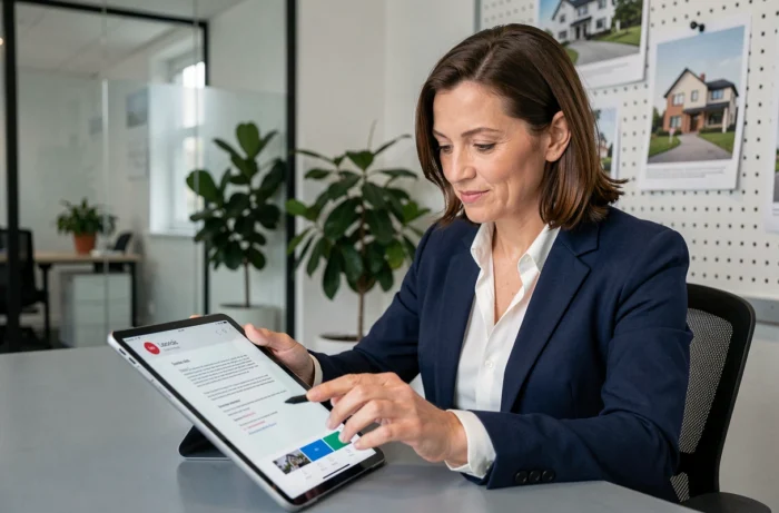 Professionnelle de l'immobilier signant un contrat numérique sur tablette dans une agence moderne