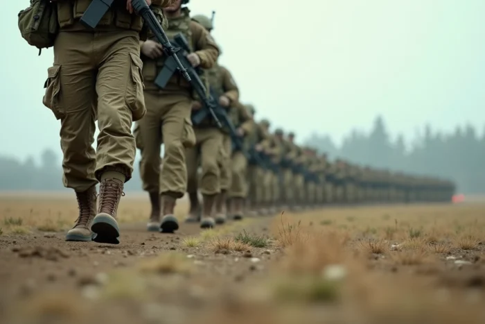 Soldats en tenue de combat marchant en formation sur un terrain d'entraînement militaire