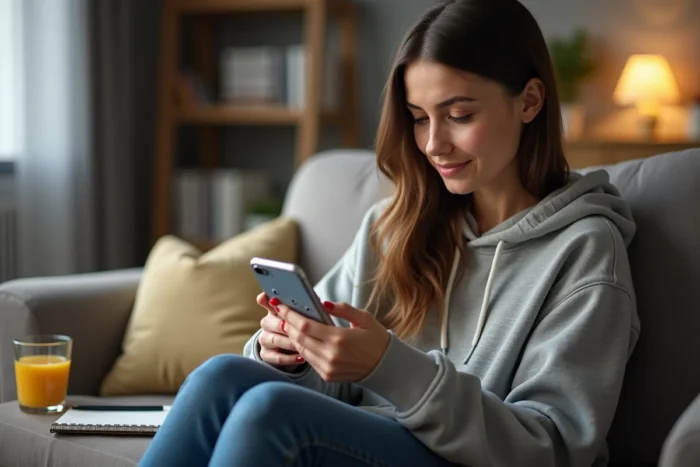Une jeune femme assise sur un canapé tenant un smartphone affichant une application de sondages rémunérés avec des questions à choix multiples et des curseurs de notation