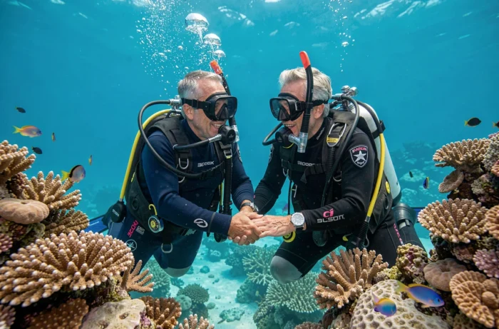 Couple en stage de plongée sous-marine explorant un récif coralien coloré ensemble