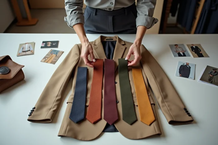 Styliste arrangeant plusieurs cravates colorées sur un costume beige étalé sur une table de stylisme en studio