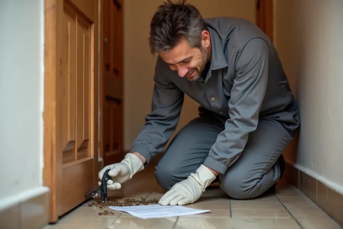 Technicien en désinsectisation inspectant un encadrement de porte en bois pour identifier des fourmis volantes ou des termites à l'intérieur d'une maison