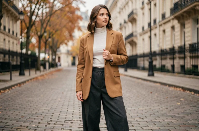 Femme élégante portant un blazer oversize camel et un pantalon large anthracite dans une rue parisienne en automne, style mode tendance