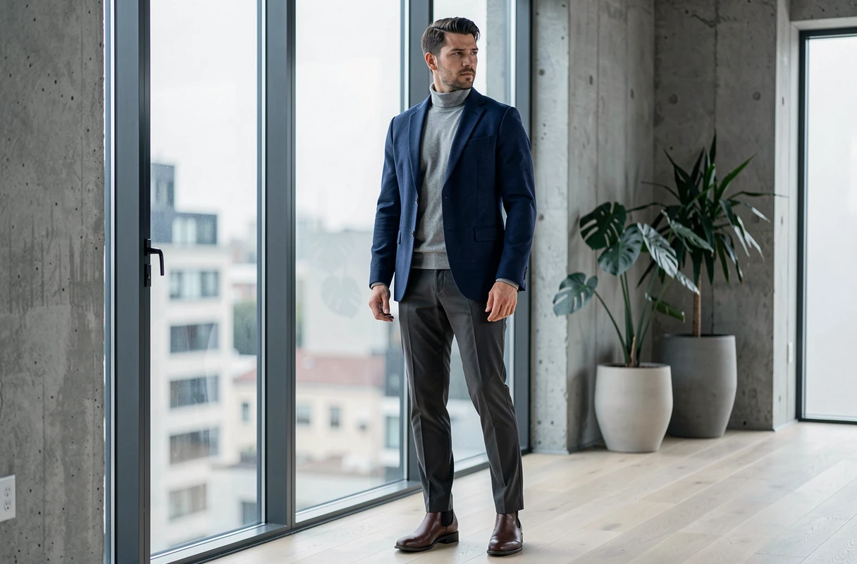 Uomo stiloso in blazer blu marino e dolcevita grigia in un loft moderno minimalista, moda maschile tendenza autunno-inverno