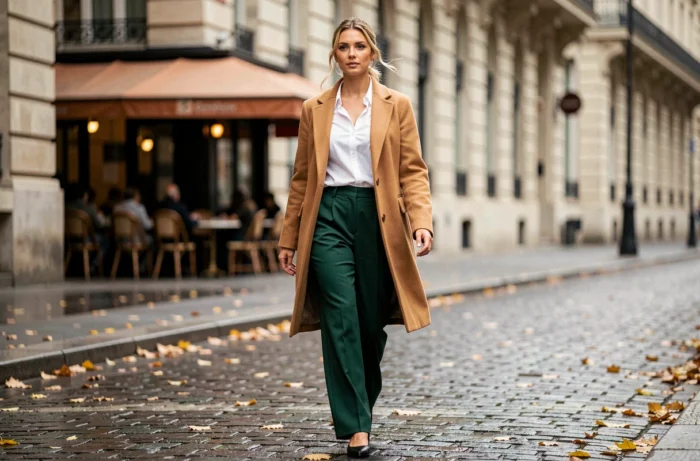 Femme élégante portant un manteau camel et un pantalon large vert forêt dans une rue parisienne en automne, look mode tendance saison