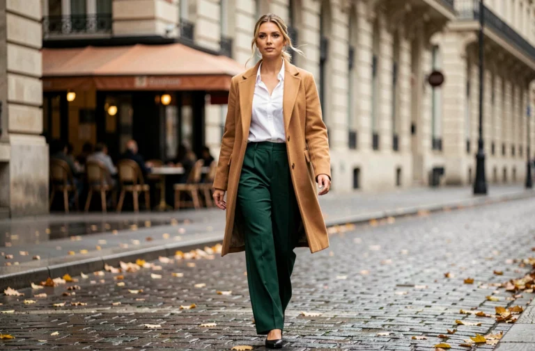 Femme élégante portant un manteau camel et un pantalon large vert forêt dans une rue parisienne en automne, look mode tendance saison