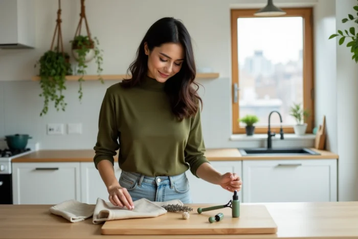 Jeune femme arrangeant des produits de beauté naturels en flat lay sur une planche en bois dans un appartement moderne