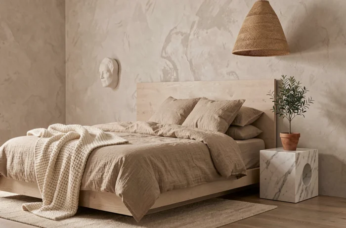 Chambre moderne aux tendances déco actuelles avec literie en lin froissé beige, jeté en grosse maille ivoire et applique murale en plâtre sculpté