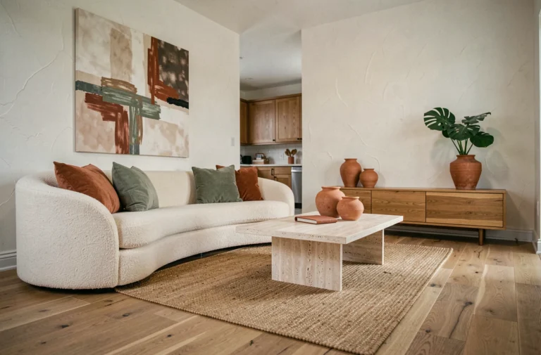 Salon moderne décoré selon les tendances actuelles avec canapé bouclé crème, table basse en travertin et accessoires en céramique terracotta