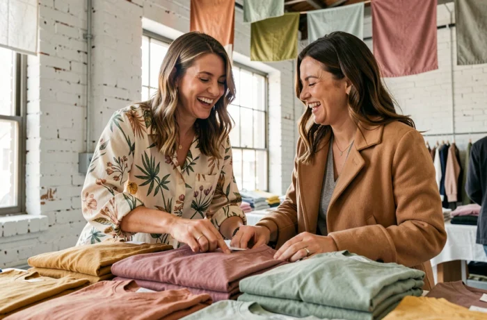 Deux femmes riant en triant des t-shirts en coton bio teint naturellement lors d'un événement de mode durable