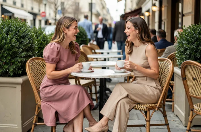 Due donne elegantemente vestite secondo le ultime tendenze moda sedute a una terrazza di caffè parigina, outfit di tendenza primavera