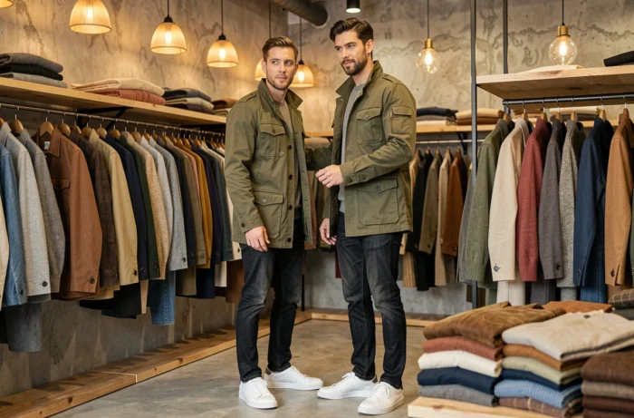 Uomo in giacca utility oliva e jeans slim in un concept store vintage moderno, tendenze moda maschile autunno-inverno