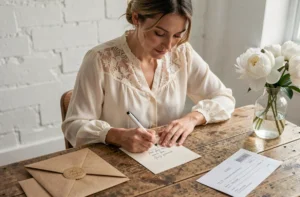 Femme élégante écrivant un message à la main dans une carte de mariage accompagnée d'un chèque cadeau