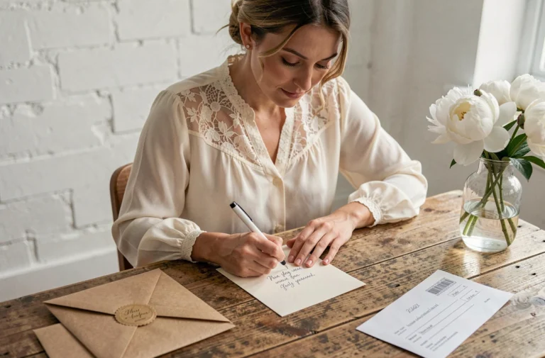 Femme élégante écrivant un message à la main dans une carte de mariage accompagnée d'un chèque cadeau