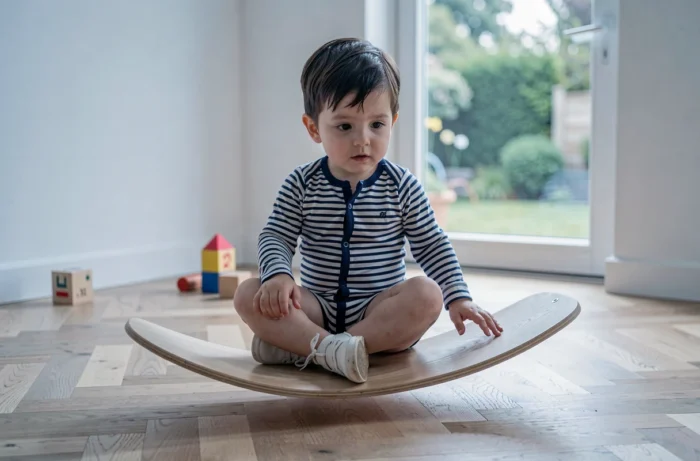 Tout-petit assis sur une planche Wobbel en bois dans une salle de jeux minimaliste aux tons neutres