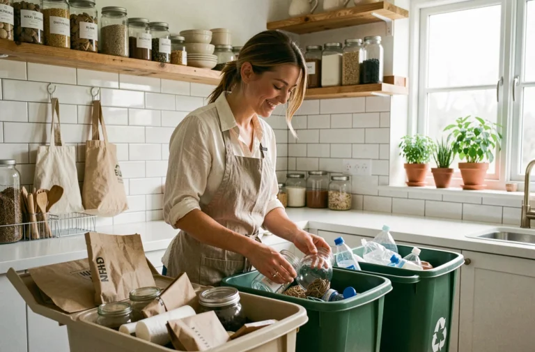 Femme triant ses déchets recyclables dans une cuisine moderne et écologique avec bocaux en verre et sacs réutilisables