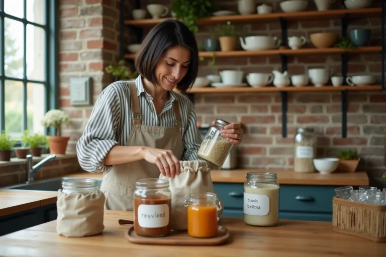 Femme triant des bocaux en verre et des contenants recyclables dans une cuisine éco-responsable avec étagères en bois et herbes aromatiques