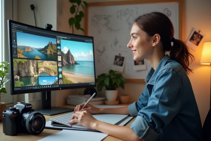 Une femme créative assise devant un grand écran affichant une plateforme de vente de photos avec une galerie d'images téléversées, un appareil photo reflex et une tablette graphique sur son bureau
