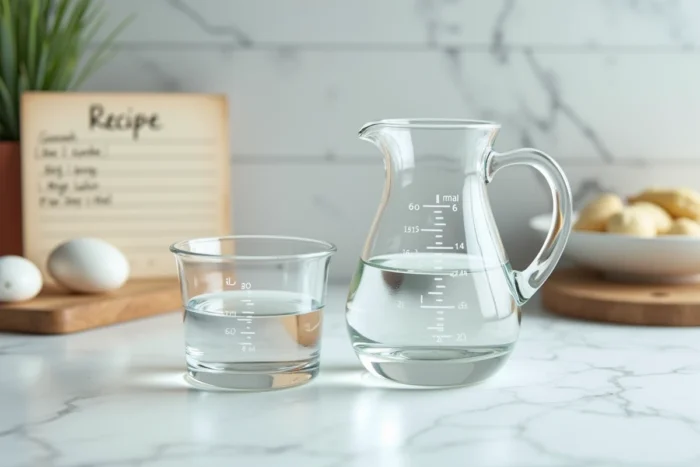 Verre doseur affichant 60 ml et carafe graduée en centilitres côte à côte sur marbre blanc avec fiche de conversion manuscrite