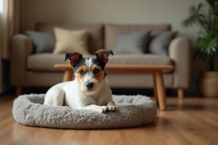 Vieux Jack Russell Terrier au museau grisonnant se reposant dans un salon chaleureux