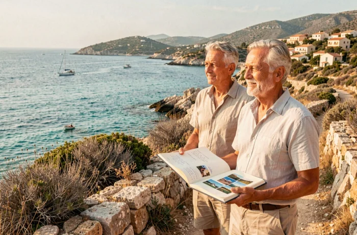 Couple explorant un littoral méditerranéen lors d'un voyage côtier étalé sur l'année