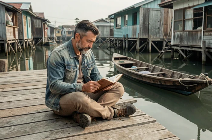 Voyageur écrivant dans un journal de voyage sur un ponton en bois dans un village de pêcheurs asiatique