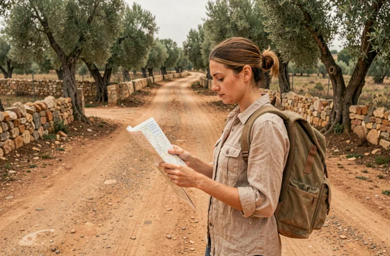 Voyageuse consultant une carte papier à un carrefour de campagne en Europe du Sud, style voyage alternatif et exploration authentique