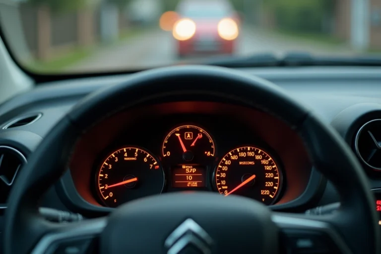 Gros plan sur le tableau de bord d'une Citroën C3 avec plusieurs voyants lumineux allumés en orange et rouge